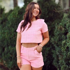 Pink Tweed Women Shorts Set